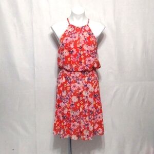 NEW Eliza J Orange Floral Chiffon Halter Dress Size 8 Pleated Summer Party Chic